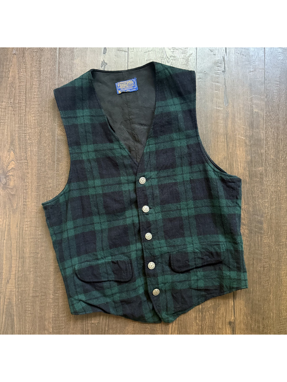 Vintage Pendleton Virgin Wool Plaid Vest Green Black Waistcoat USA Small Medium